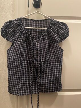 Blue and White Checked Puff Sleeve Blouse